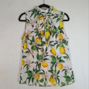 New York & Company White With Lemons & Leaves Sleeveless Tie Front Blouse Medium